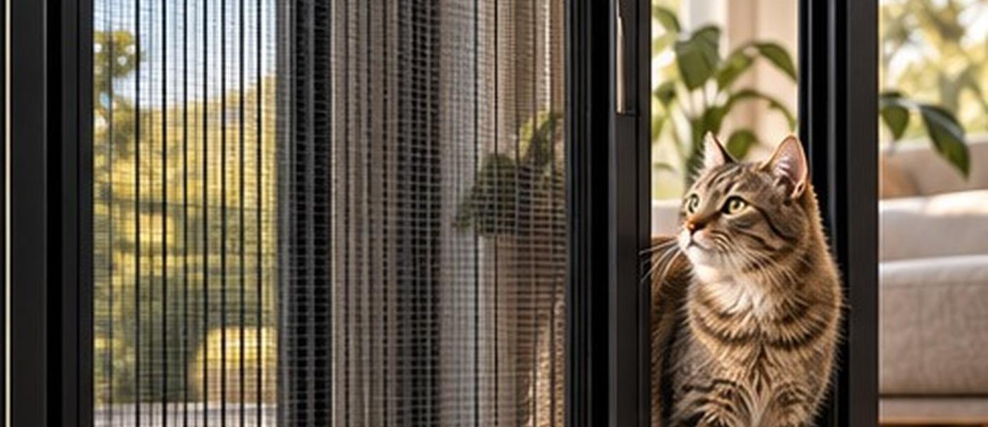 Plise sinekliğin yanında oturan tekir kedi